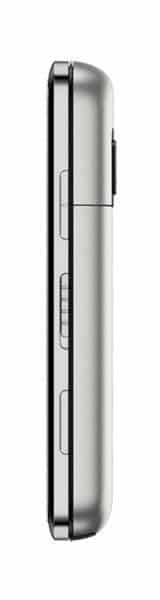 Side view of a Nokia C6-01–style smartphone with silver edge, two side buttons, flat screen, and raised rear camera bump.