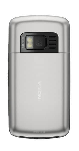 Rear view of silver Nokia C6-01 showing 8.0 MP camera, flash, and central Nokia logo.