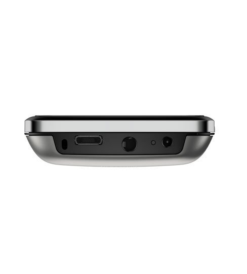 Bottom view of a black and silver Nokia C6-01 showing USB-C port, microphone hole, and headphone jack.