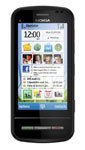 Nokia C6 smartphone, front view, displaying home screen with icons and widgets on black screen