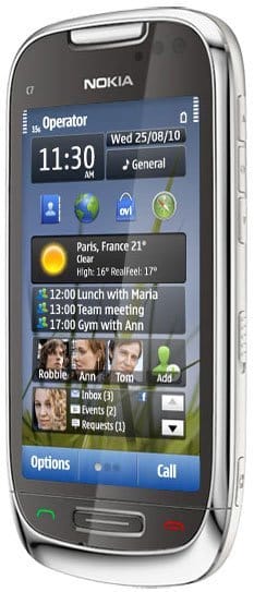 Nokia C7 smartphone front view displaying home screen with widgets, time, weather, and contact shortcuts