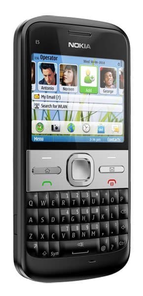 Front view of black Nokia E5 with physical QWERTY keyboard, home screen visible at 2:36 pm, Wi-Fi on. Classic design shown.
