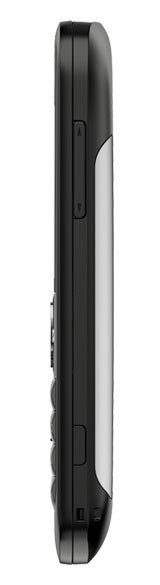 Side view of black Nokia E5 showing rounded edges, volume buttons, and partial keypad on a white background.