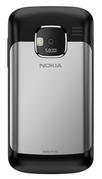Rear view of Nokia E5-00 showing silver-black casing, 5.0 MP camera, speaker grill, and central Nokia E5 branding.