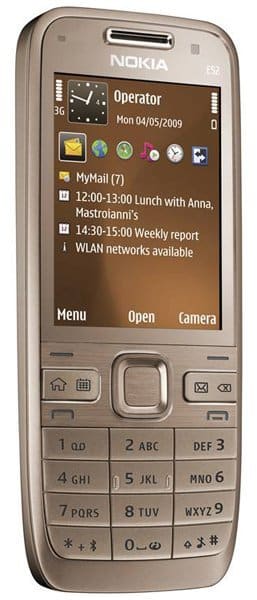 Nokia E52 NAM front view showing brown display screen with calendar and messaging interface, physical keypad, and navigation buttons