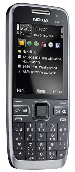Nokia E55 phone shown at a slight front angle, featuring a physical keypad and small screen with date, time, and notifications.