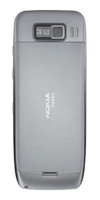Rear view of silver Nokia E55 showing camera lens, flash, speaker slots, and central Nokia branding.