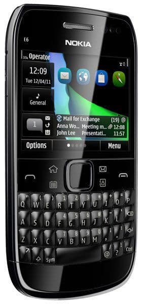 Nokia E6 smartphone with QWERTY keyboard, displayed front-on with home screen showing apps and notifications