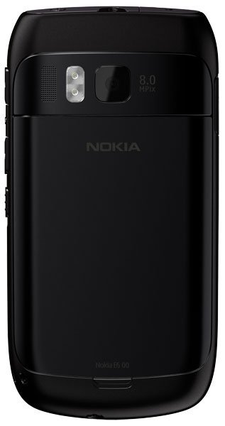 Nokia E6 rear view showing black plastic back, dual camera with flash, and Nokia branding