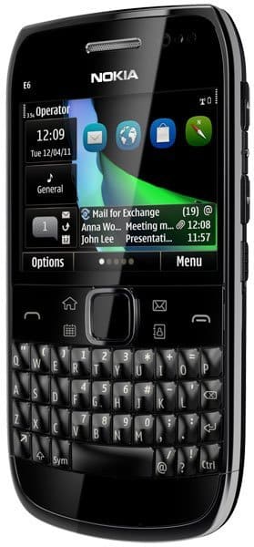 Nokia E6 front view with full QWERTY keyboard, displaying home screen with messaging and calendar widgets