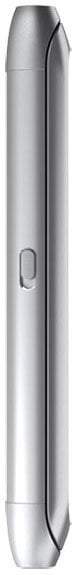 Side view of Nokia E7 smartphone highlighting curved edges, protruding side button, and smooth metallic finish. No branding visible.