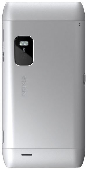 Rear view of silver Nokia E7 with 8 MP camera, flash, and engraved Nokia logo below the camera module.