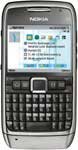 Front view of Nokia E71 NAM showing physical QWERTY keyboard, small display with text messages, and metallic frame.