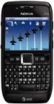 Nokia E71x front view, showing QWERTY keyboard below a small screen displaying blue icons