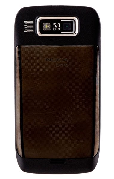 Nokia E73 Mode rear view showing 5.0 MP camera, black and brown body with textured back panel