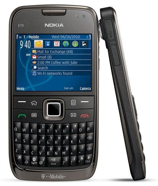 Nokia E73 Mode front and side view, displaying home screen with notifications and QWERTY keyboard