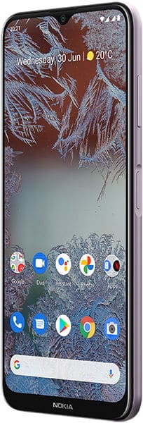 Nokia G10 smartphone, front view, displaying home screen with apps and wallpaper of frost-covered leaves