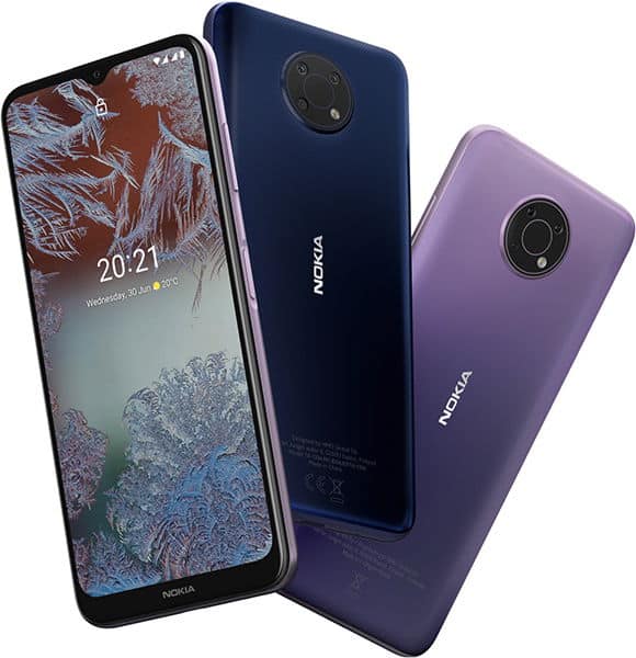 Nokia G10 smartphones in blue and purple, shown from front and rear angles with display showing time 20:21