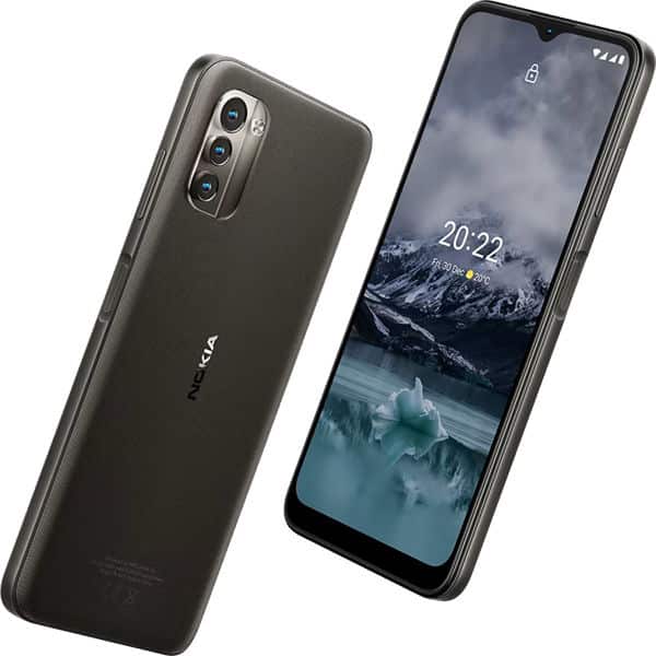 Nokia G11 smartphone shown from rear and front angles, displaying triple camera setup and lock screen with mountain landscape wallpaper
