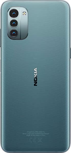 Nokia G11 rear view, ice blue finish with triple camera module and Nokia branding