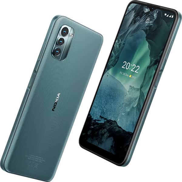 Nokia G11 in teal, shown from rear and front angles with triple camera and landscape lock screen display