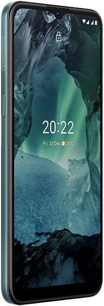 Nokia G11 smartphone displayed at an angle, showing its front screen with a scenic landscape wallpaper and time display