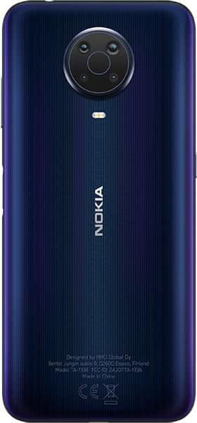 Nokia G20 rear view, showing blue textured back with circular camera module and Nokia branding
