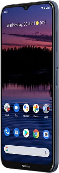 Nokia G20 smartphone front view, displaying home screen with purple sunset landscape wallpaper, app icons, and search bar