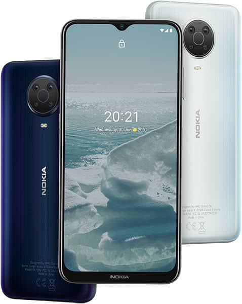 Nokia G20 front and rear views, displayed in dark blue and white, showing time and date on screen with camera array visible on back