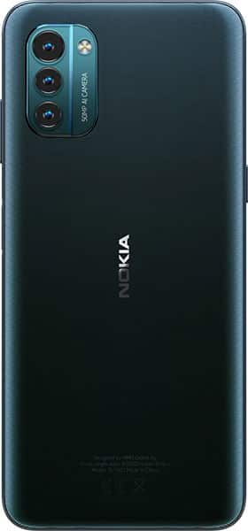 Nokia G21 rear view showing dark teal back with triple camera setup and Nokia branding