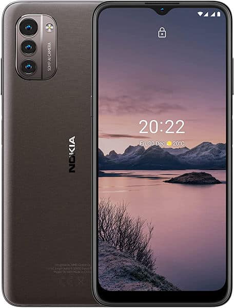 Nokia G21 front and rear view, gray phone with triple camera setup and landscape lock screen display