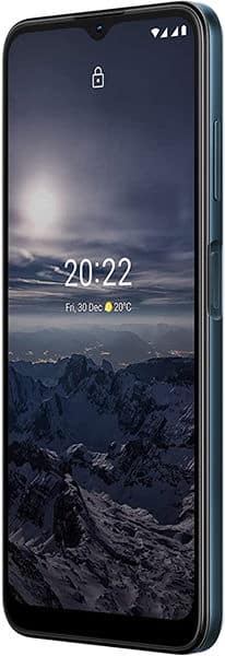 Nokia G21 smartphone, front view, displaying lock screen with time 20:22 and snowy mountain landscape wallpaper