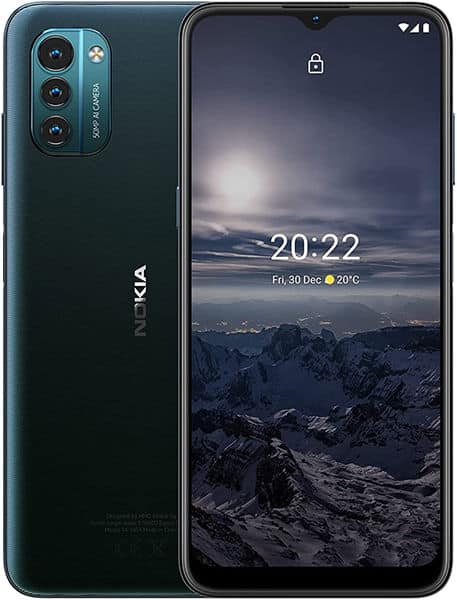 Nokia G21 smartphone front and rear view, dark teal finish with triple camera setup and lock screen displaying time and mountain landscape