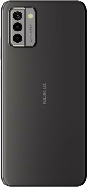 Nokia G22 rear view showing dark gray back with triple camera module and Nokia branding