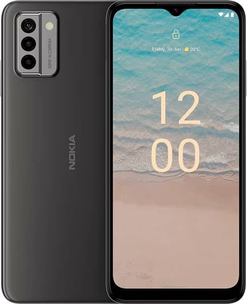 Nokia G22 front and rear view, charcoal black, showing triple rear camera and beach lockscreen display