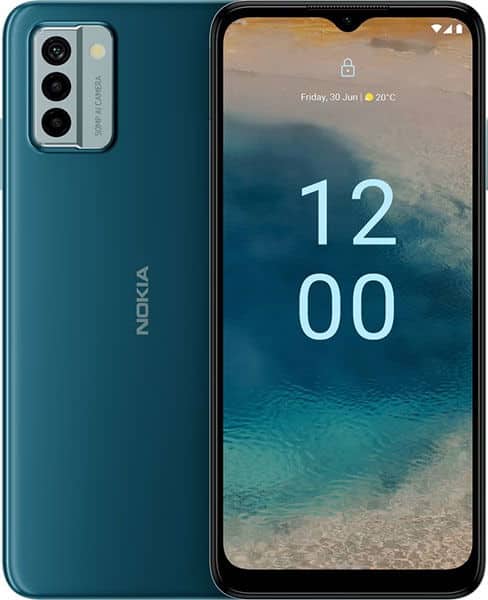Nokia G22 front and rear view showing teal body with triple rear camera setup and lock screen displaying 12:00 time