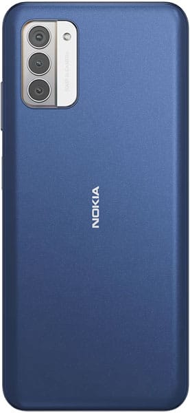 Nokia G310 rear view, blue back with triple camera module and white accent ring
