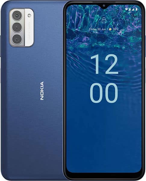 Nokia G310 front and rear view, blue finish, showing triple rear cameras and display with 12:00 time