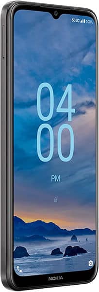 Nokia G400 in black shown at front angle with lock screen, 4:00 PM, mountain sunset wallpaper visible.