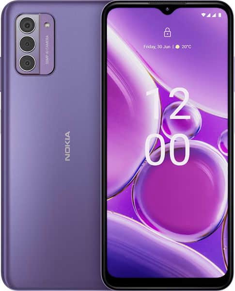 Purple Nokia G42 shown front and rear; front view displays 12:00 on purple wallpaper, rear has triple cameras in vertical module.