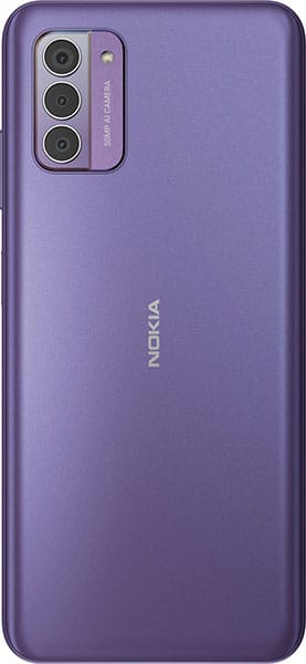 Rear view of purple Nokia G42 showing triple rear cameras with flash in the top left and centered Nokia logo on the back.