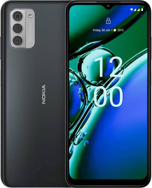 Nokia G42 in black, shown front and rear; rear has three cameras in vertical module, front shows lock screen at 12:00, June 30.