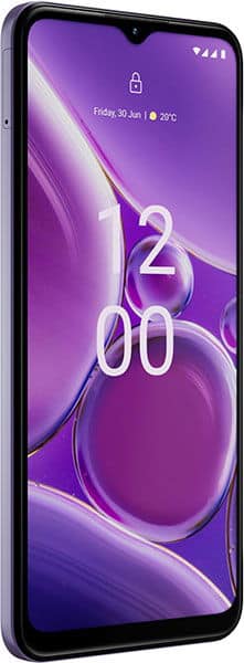 Front view of Nokia G42 displaying purple wallpaper, time 12:00, Fri 30 Jan, 20°C, with battery, Wi-Fi, signal icons.