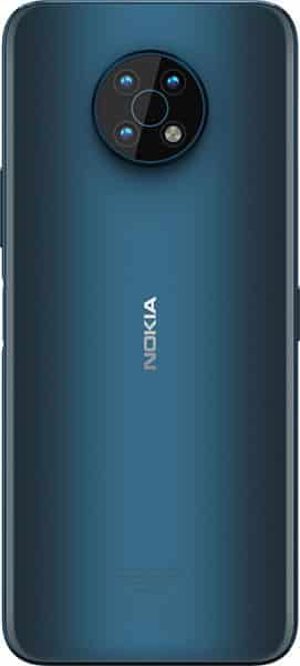 Nokia G50 rear view, teal blue back with circular quad camera module and white Nokia branding