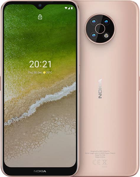 Nokia G50 front and rear view, rose gold, showing lock screen with beach imagery and circular camera module on back