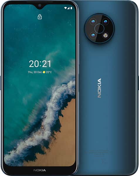 Nokia G50 front and rear view, blue finish, showing lock screen with time 20:21 and circular camera module on back
