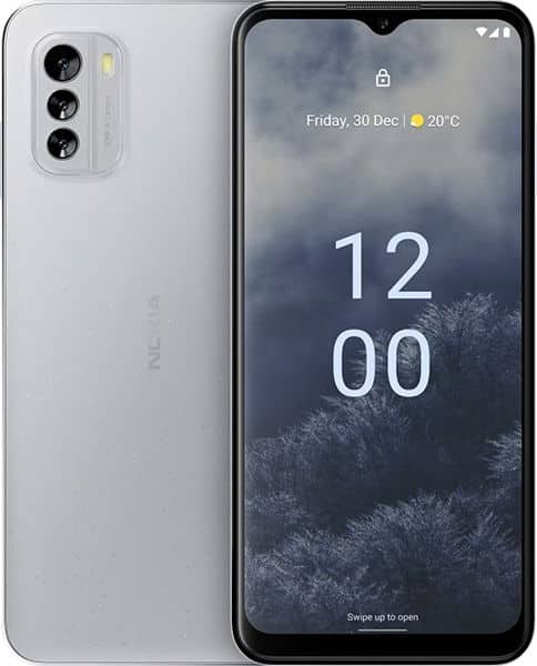Nokia G60 front and rear view, white, with triple rear camera and display showing 12:00 time