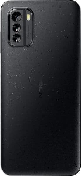 Nokia G60 rear view, black with speckled finish and triple camera module