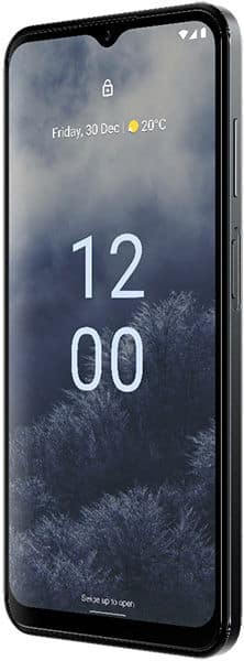 Nokia G60 smartphone, front view, displaying lock screen with time 12:00, date Friday 30 Dec, and weather 20°C