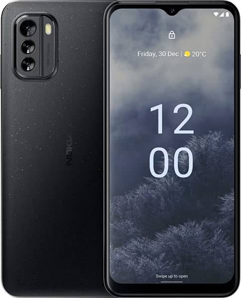 Nokia G60 front and rear view, black with speckled finish, displaying lock screen with time 12:00 and weather information